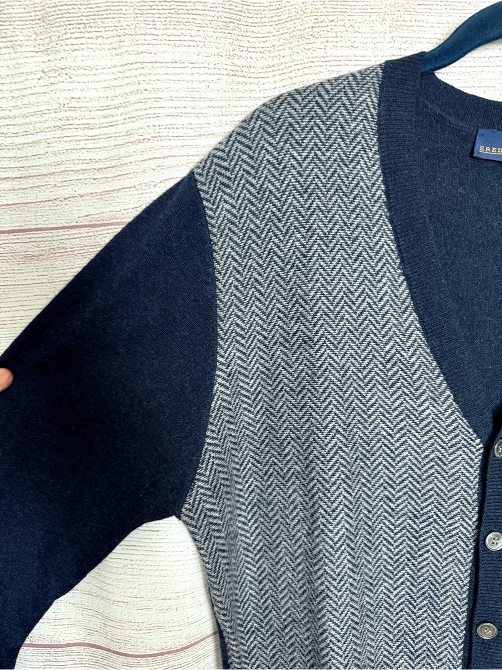 Eredi Pisano Wool Cashmere Grandpa Cardigan Herringbone Navy Gray sz L Slim NWT